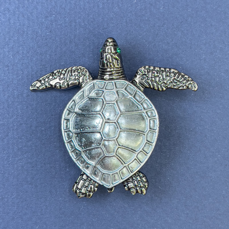 Blue Turtle Brooch-Pendant in Blue Color, Silver-Tone Metal, Diameter 47mm+-, Length 43mm+-