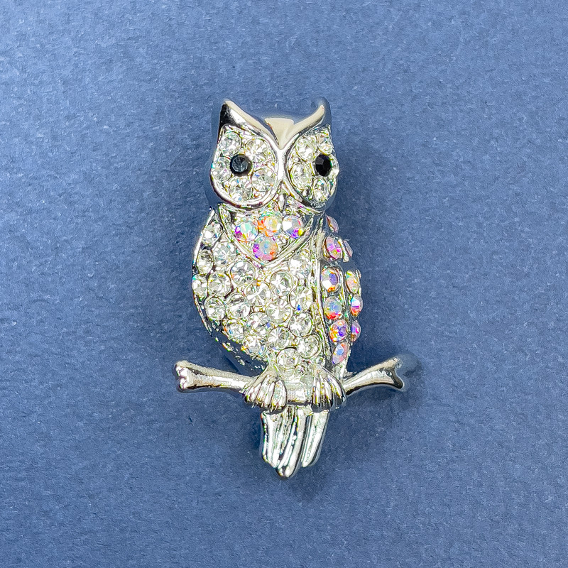 Owl Brooch with Black, White and Rainbow Rhinestones, Silver Metal, Diameter 22 mm, Length 32 mm