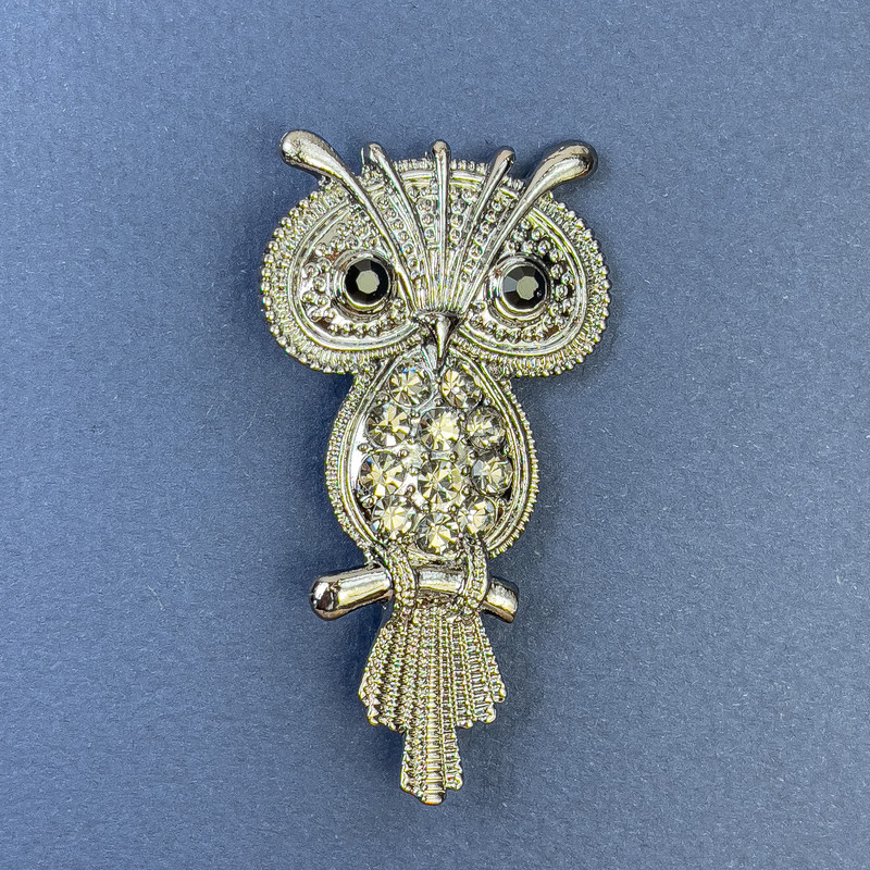 Owl Brooch with Black and Gray Crystals on Silver-Colored Metal, Diameter About 34 mm, Length About 60 mm