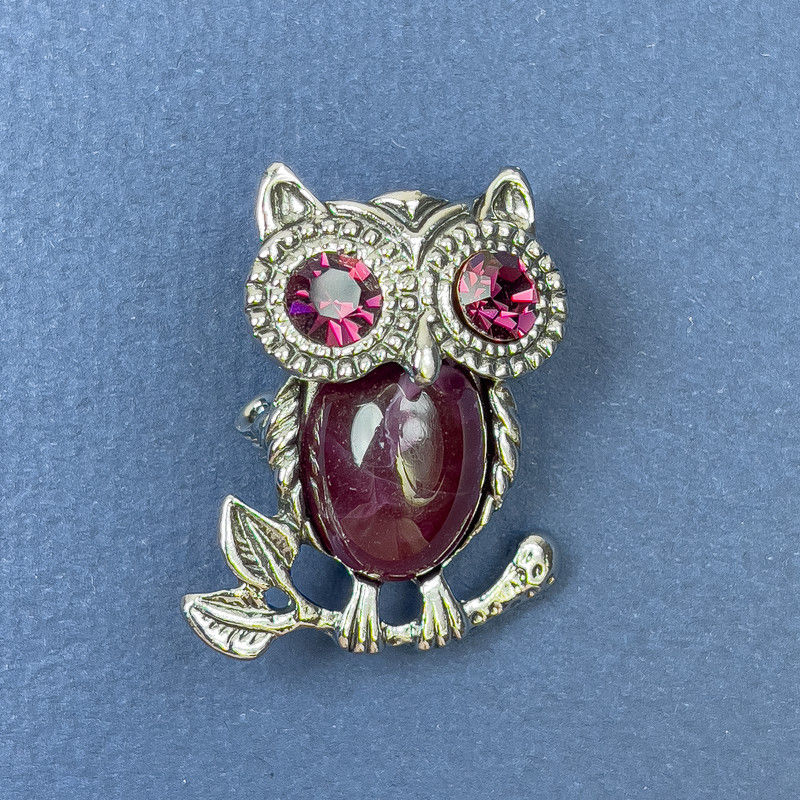 Brooch pendant Owl pink crystals purple stone silver-tone metal, diameter 25mm±, length 34mm+
