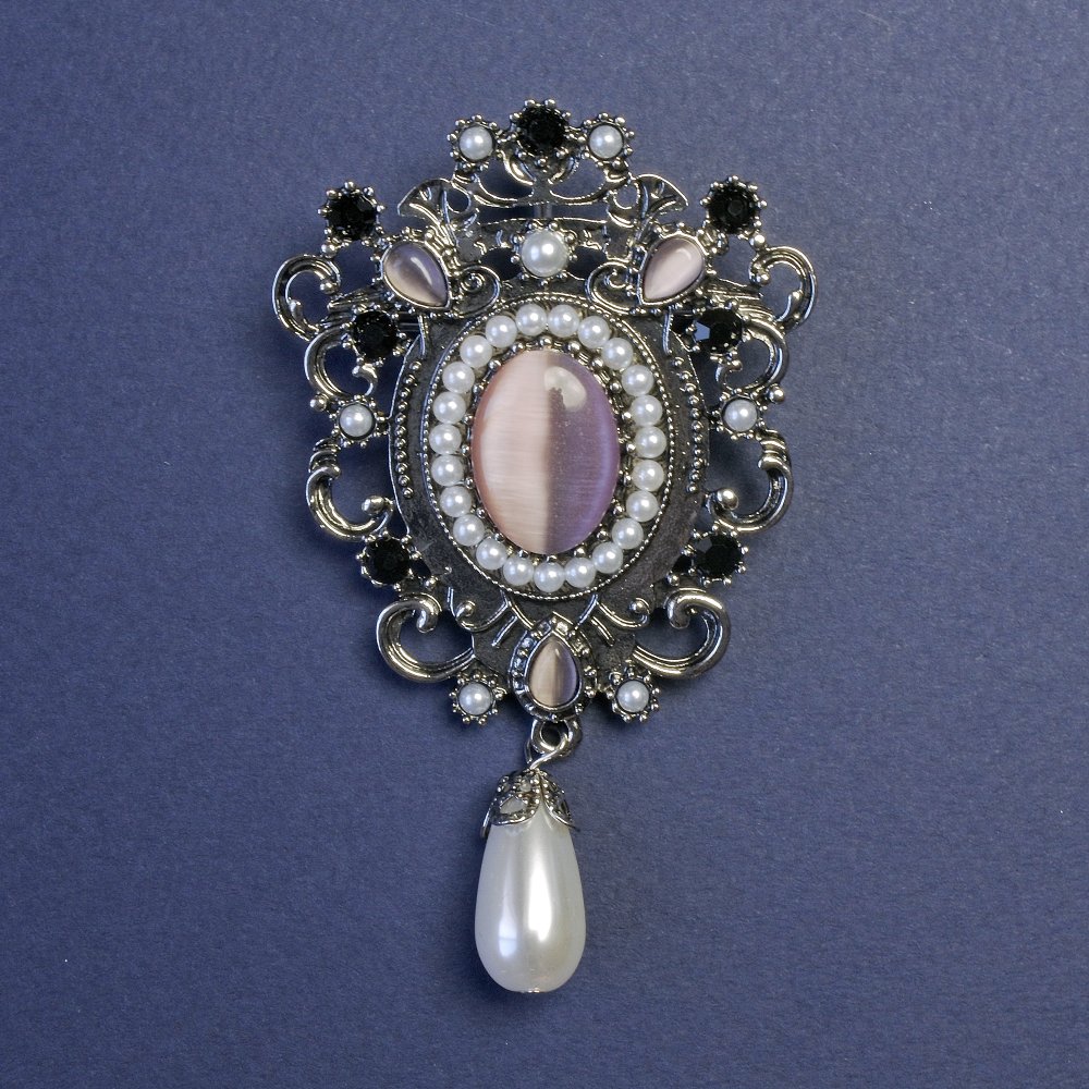 Brooch pendant Accent Pink Cat's Eye with Pearls Silver-tone Metal 47x80mm+