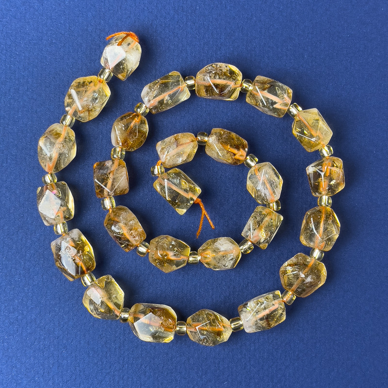 Citrine Beads, Faceted, 10-12×8 mm ±, with seed beads, hole diameter approximately 4 mm ±, on thread, length 38 cm ±