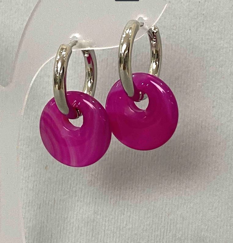Raspberry Agate Earrings, 18mm diameter ± ring-shaped post, length 30mm+
