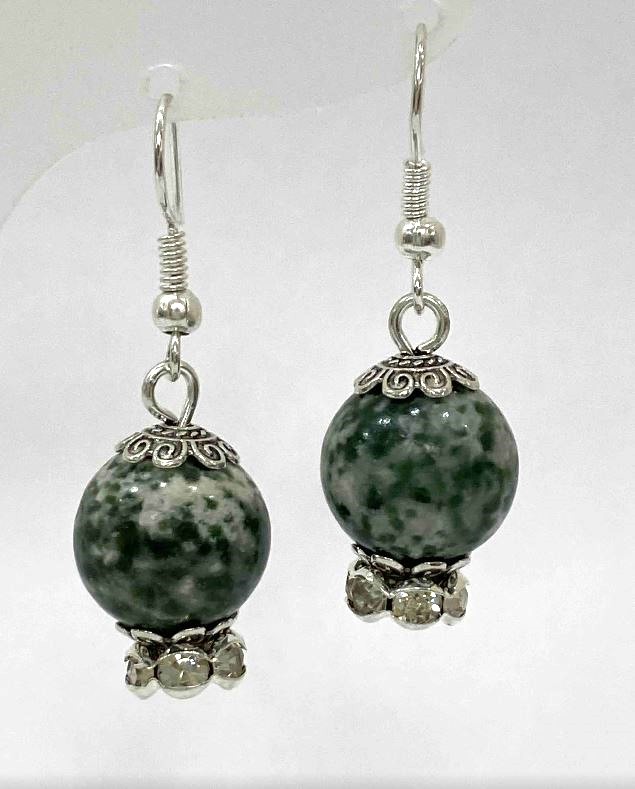 Moss Agate Bead Earrings, 12 mm diameter, 36 mm length