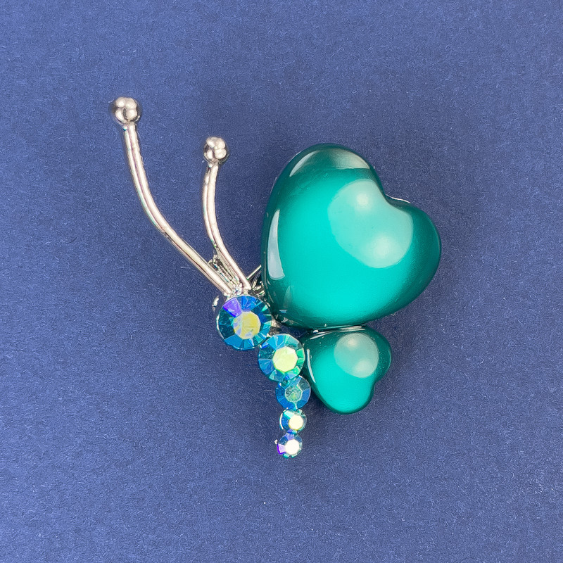 Butterfly Brooch, diameter 34x21 mm, vivid green Cat's Eye with rhinestones, silver-tone metal