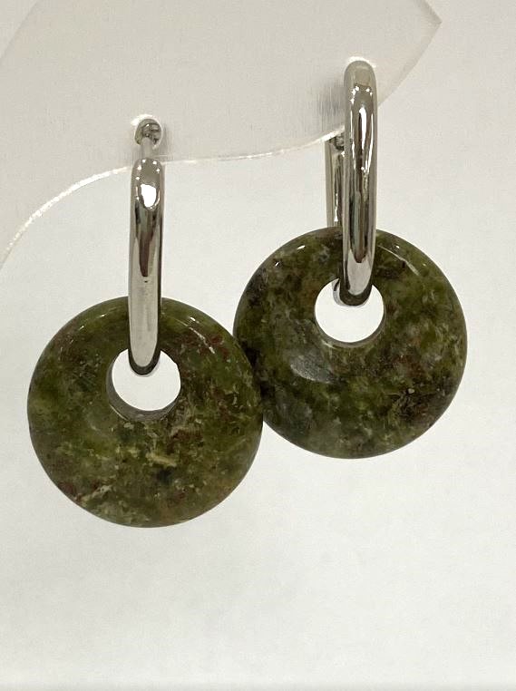 Heliotrope and Jasper Donut Earrings, 18 mm diameter, length about 30 mm