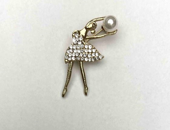 Brooch Ballet Dancer with Pearl Bead in White Crystals, 36×20 mm, Gold-Tone Metal