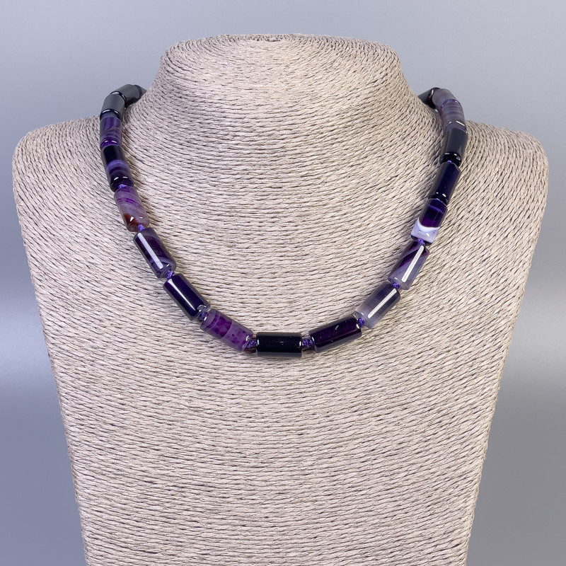 Purple agate cylindrical beads necklace, diameter 15×8 mm, length 45 cm, with clasp