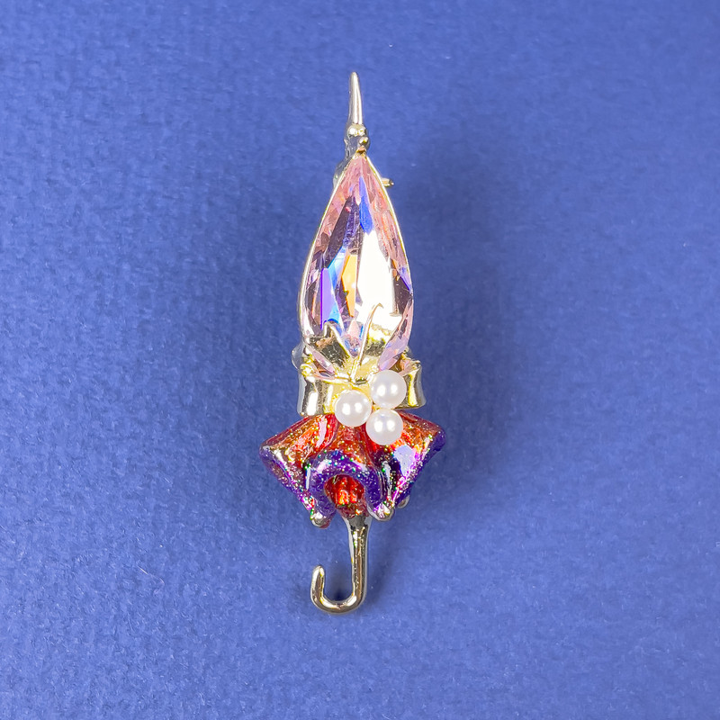 Brooch Umbrella with Pink Crystal and Pearl Beads, 46x16 mm, Gold-Toned Metal