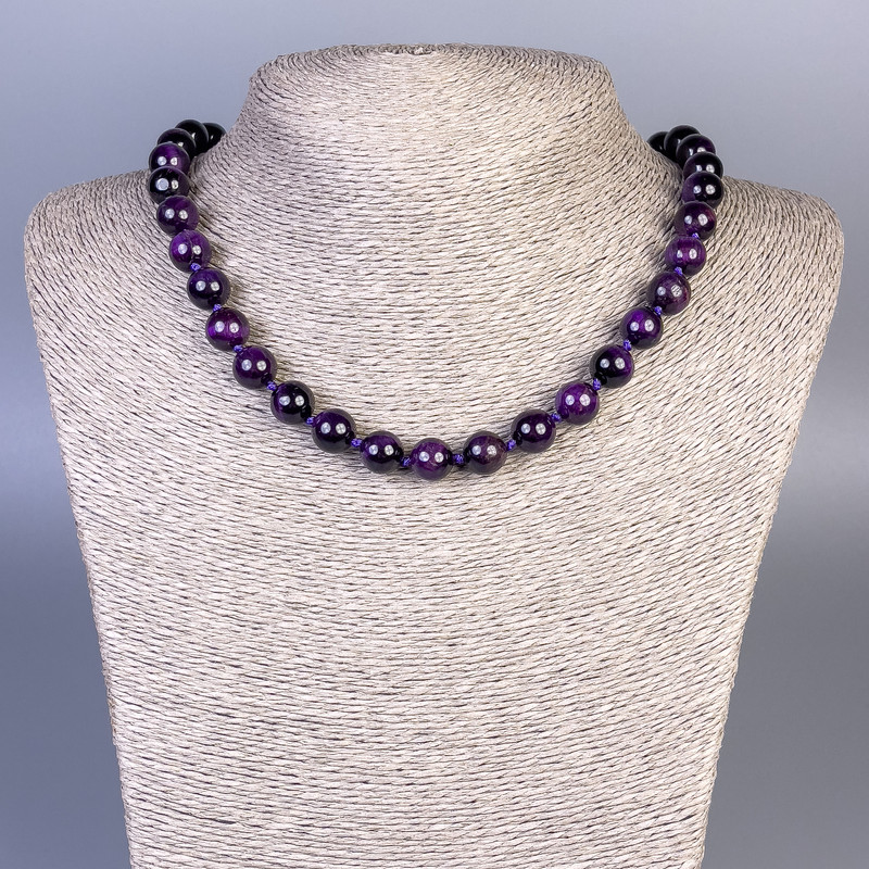 Purple Cat's Eye Beaded Necklace, smooth beads, 10mm diameter, 45cm length with clasp