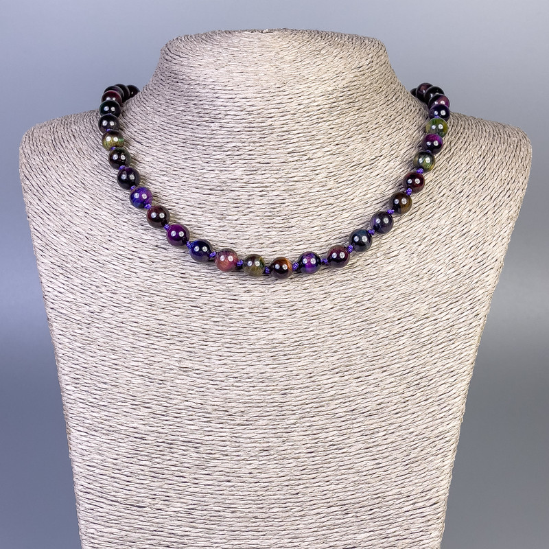 Multicolor Cat's Eye Necklace with a Smooth Bead, 8mm diameter, length 50 cm +/- with clasp