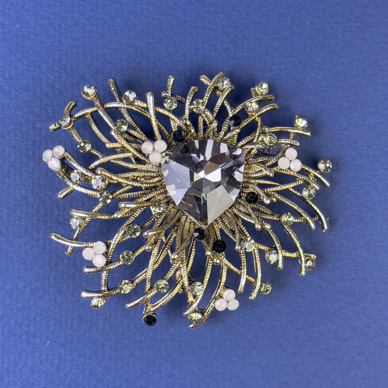 Brooch Accent with Gray Rhinestones and Gray Crystal, Bronze-Gold-Toned Metal, Diameter about 55 mm +