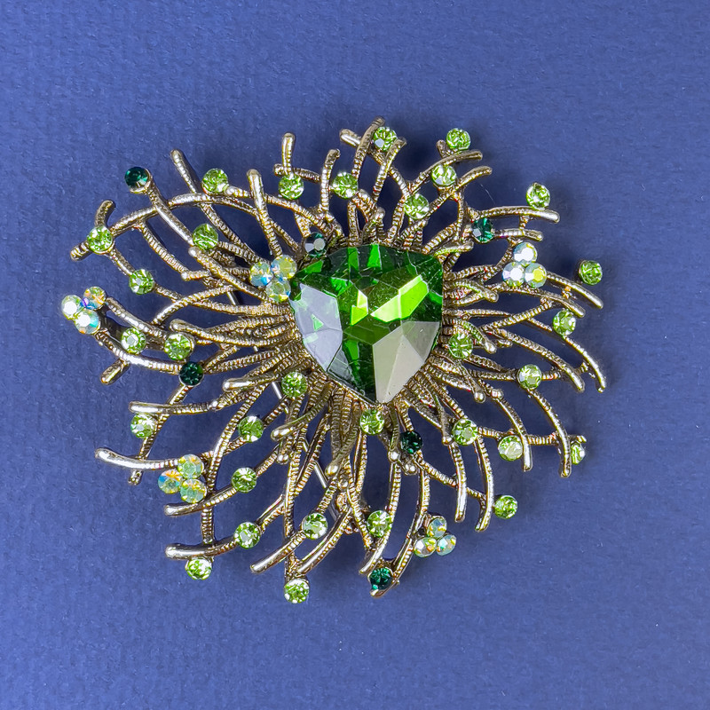 Brooch Accent: Blue Crystals and Blue Crystal, Bronze-Gold Metal Color, Diameter 55mm +