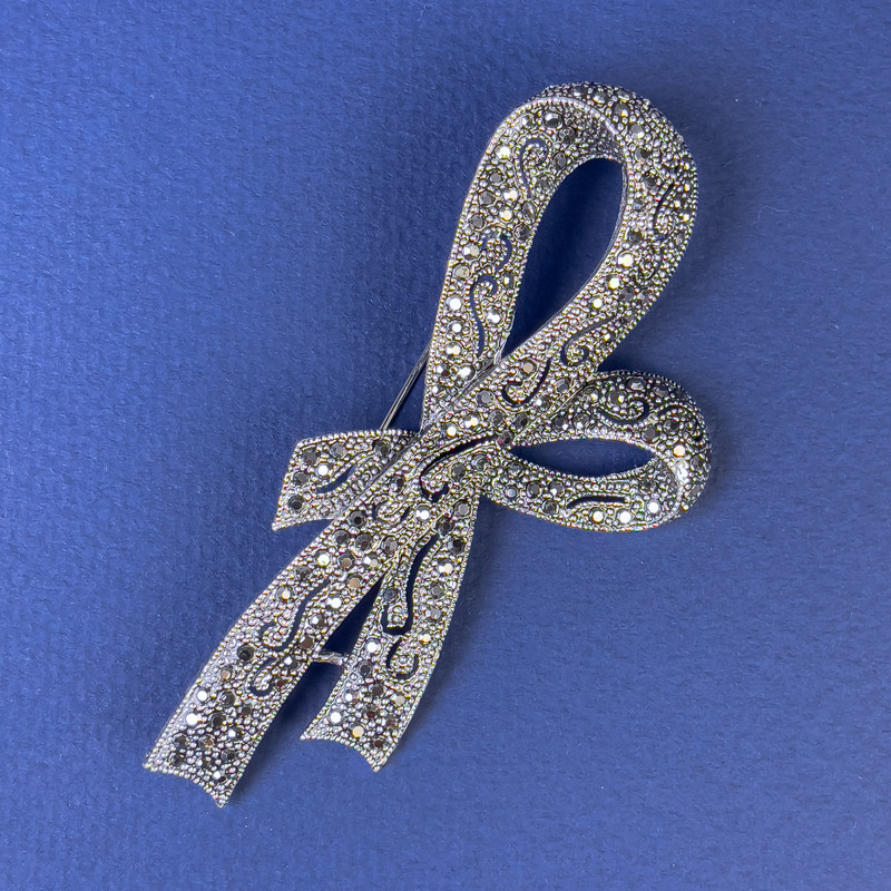 Bow Brooch with Gray Crystals in Dark-Silver Metal, Diameter 78×40 mm +