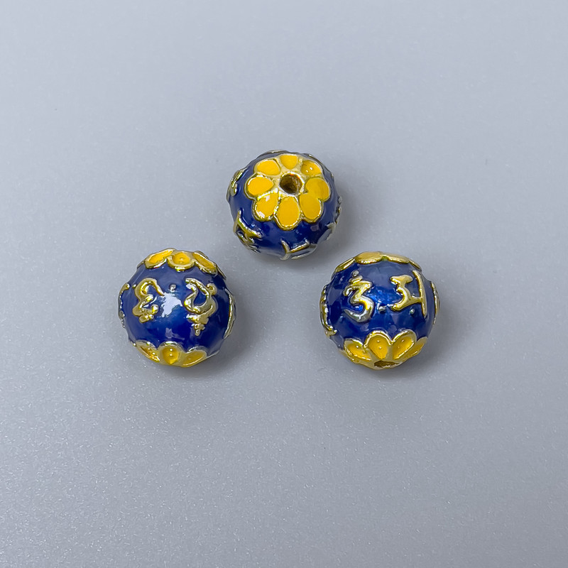 Cloisonné Bead blue-yellow enamel, 10mm diameter, hole diameter 1.5mm, gold-tone metal color, 1 pc