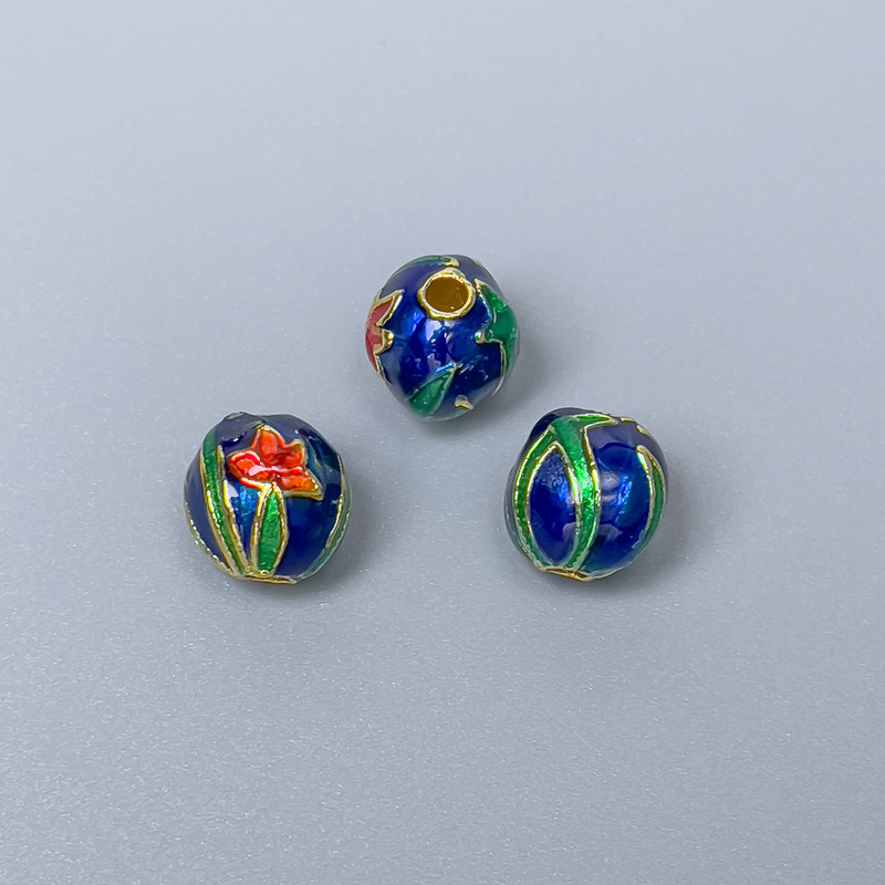 Cloisonné Bead - blue, red, and green enamel, diameter 9 x 9.5 mm, hole 2.1 mm, gold-tone metal, 1 pc