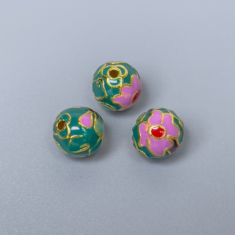 Cloisonné Bead Purple-Lilac and Green Enamel, 10mm diameter, 2mm hole, gold-tone metal, 1 pc