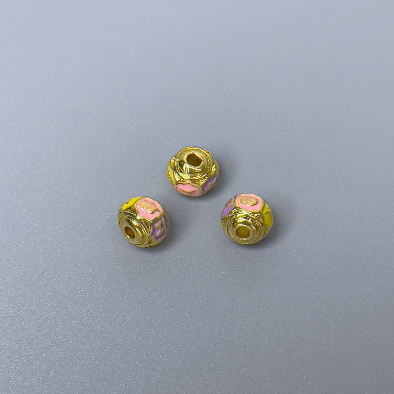 Cloisonné Rondelle Bead Pink-Yellow-Lilac Enamel, Diameter 6x5 mm, Hole Diameter 1 mm, Gold-Colored Metal, 1 piece