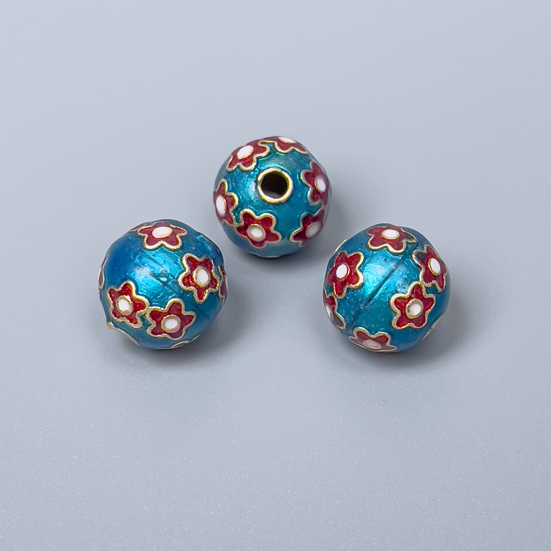 Cloisonné Bead - light blue with red enamel, diameter 10 mm +/- hole, hole diameter 2 mm, gold-tone metal, 1 pc
