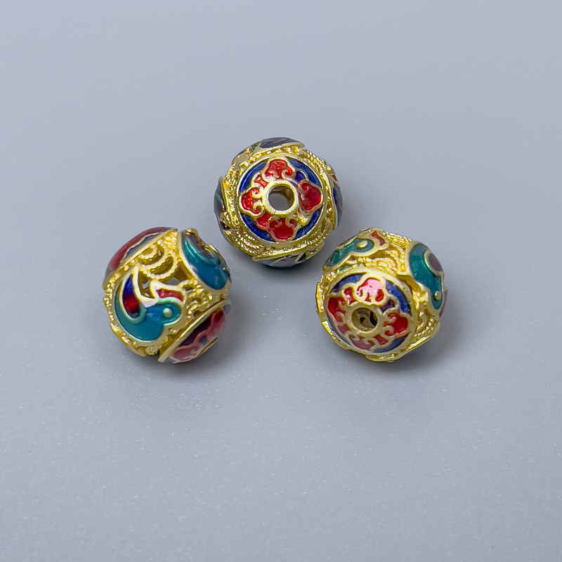 Cloisonné Bead Findings - Turquoise, Red, Blue Enamel, 10mm Diameter ± Hole 1.8mm, Gold-Colored Metal, 1 pc