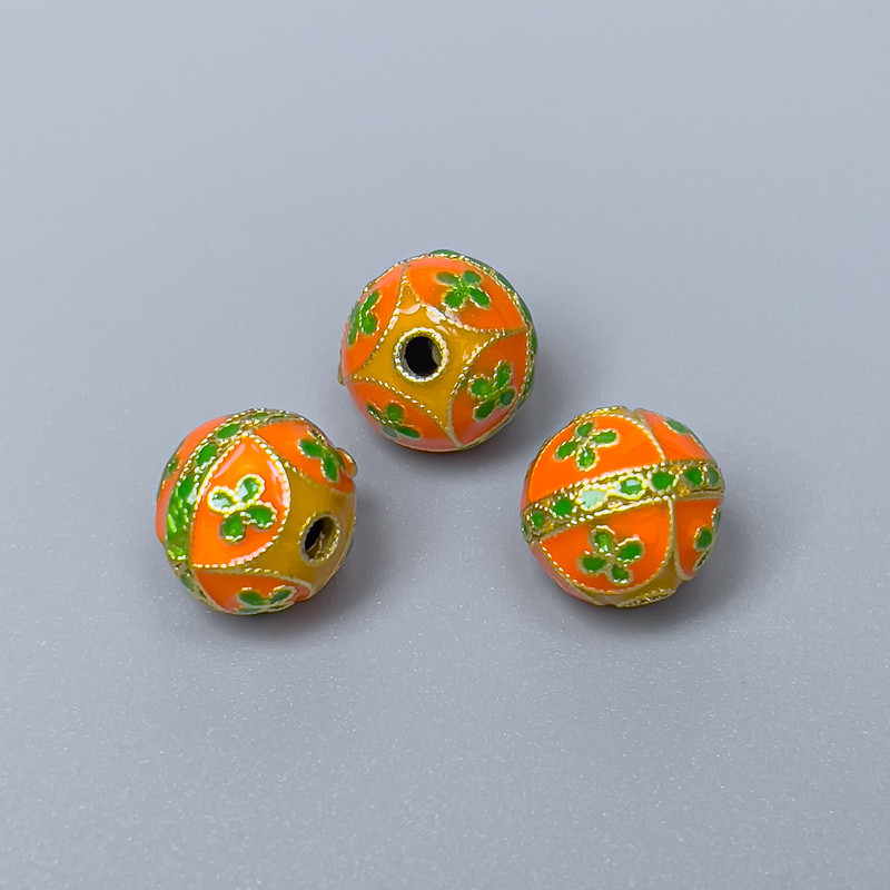 Cloisonné bead orange-lime enamel, 10 mm diameter ± hole, 2 mm bore, gold-tone metal, 1 pc