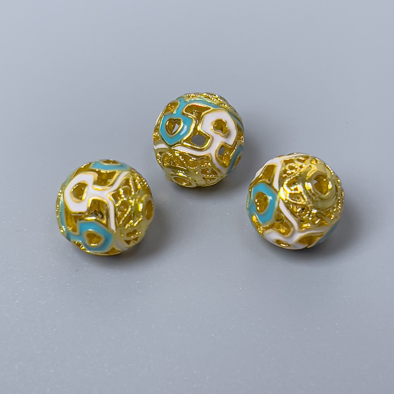 Cloisonné Bead - White Turquoise Enamel, 10mm Diameter, 2mm Hole, Gold-Tone Metal, 1 pc