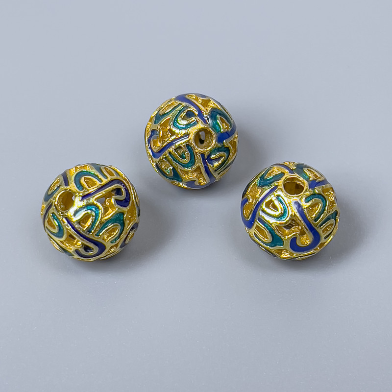 Cloisonne Bead Blue Turquoise Enamel, 10mm diameter ±, 2mm hole, gold-colored metal, 1 pc