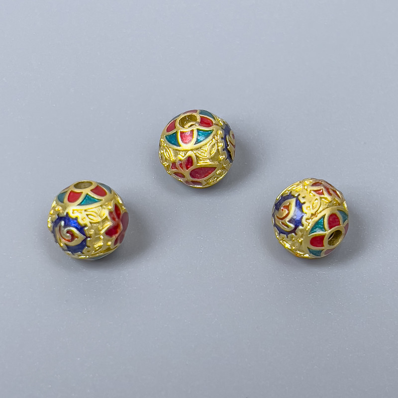 Cloisonné Bead - Blue, Red, Turquoise Enamel, 8mm Diameter, 1.5mm Hole, Gold-Tone Metal Color, 1 pc