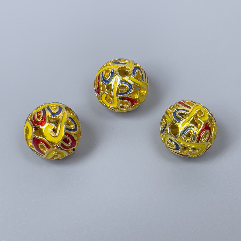 Cloisonné bead red, yellow and blue enamel, 10 mm diameter, 2 mm bore, gold-tone metal color, 1 pc