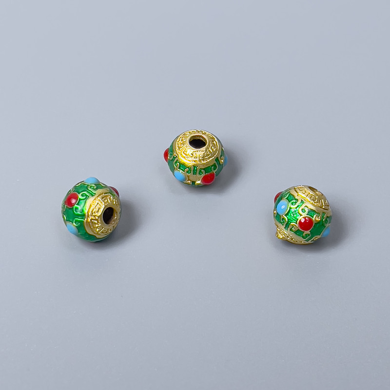 Cloisonné Bead – Green and Red Enamel, 8×7 mm, hole diameter about 2 mm, gold-tone metal, 1 pc