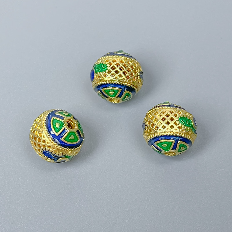 Cloisonné bead blue-green enamel, 10 mm diameter ±, 2 mm hole, gold-tone metal, 1 pc