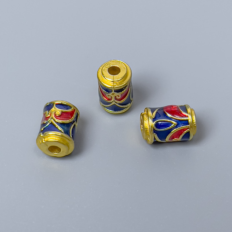 Cloisonné Bead, Cylinder, Blue and Red Enamel, 6×8 mm, hole 2 mm, gold-tone finish, 1 pc
