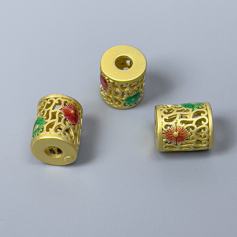 Cloisonné Bead Cylinder Red and Green Enamel, 9×10 mm diameter, 3 mm hole, Gold-tone metal color, 1 piece