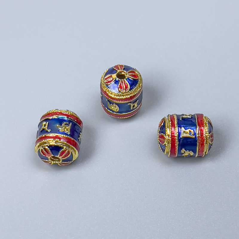 Cloisonné Bead Cylinder, Blue and Red Enamel, diameter 8×10 mm, hole diameter 1 mm, gold-tone metal, 1 piece