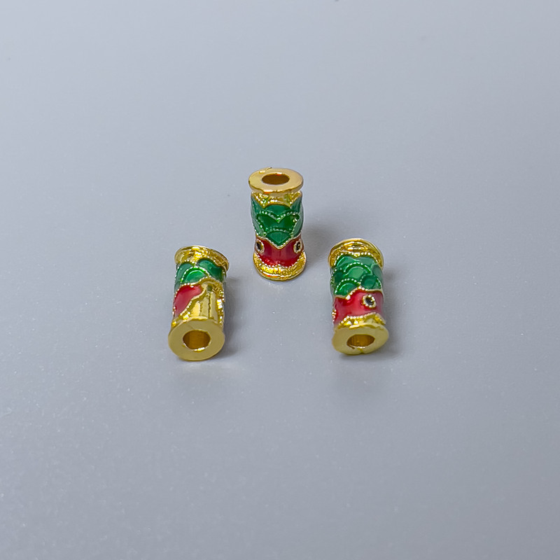 Cloisonné Bead Cylindrical Fish Red-Green Enamel, 4x9 mm, hole 2 mm, Gold-tone metal, 1 pc