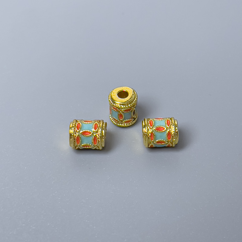 Cloisonné Bead, Cylindrical, Green and Red Enamel, 5×6 mm diameter, 1.5 mm hole, gold-tone metal, 1 pc