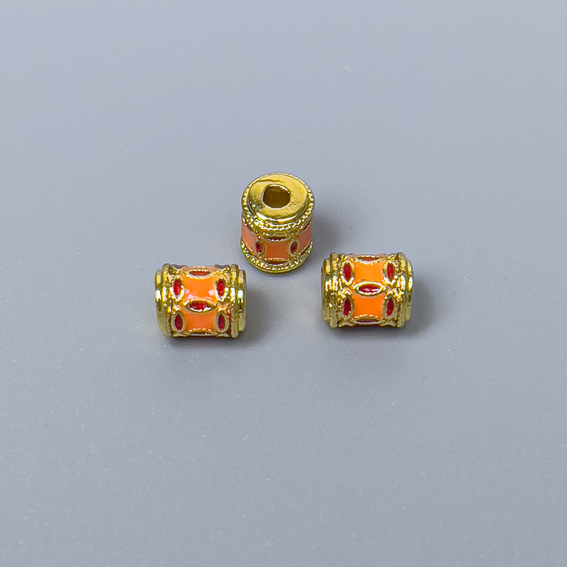 Cloisonné Bead – Cylindrical Orange-Red Enamel, diameter 5x6 mm, hole diameter 1.5 mm, gold-tone metal, 1 pc