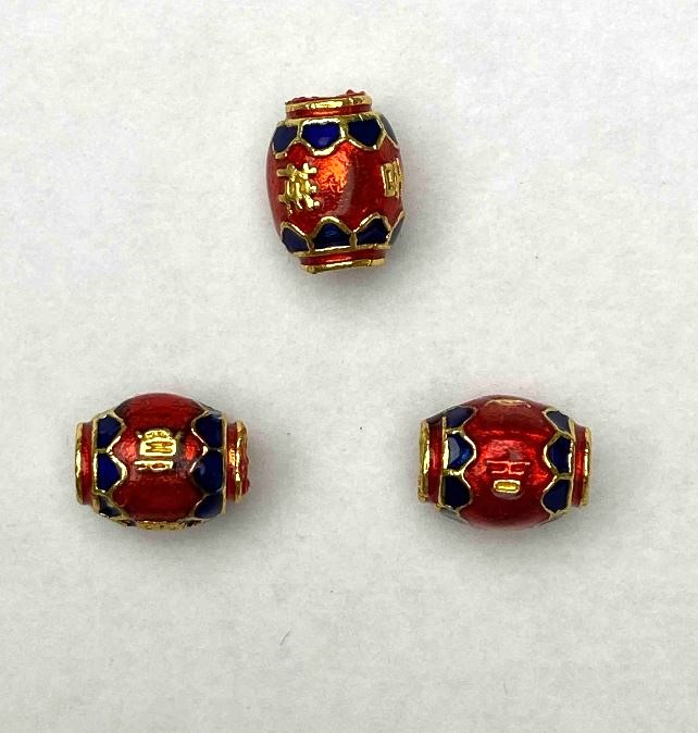 Cloisonné Bead, Barrel-shaped, Red and Blue Enamel, 8x10 mm, ± Hole Diameter 1.8 mm, Gold-tone Metal, 1 pc