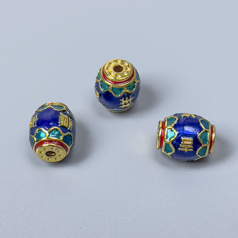 Cloisonné Barrel Bead with Enamel - Blue, Green and Red, 8×10 mm, 1.5 mm hole, gold-tone metal, 1 piece