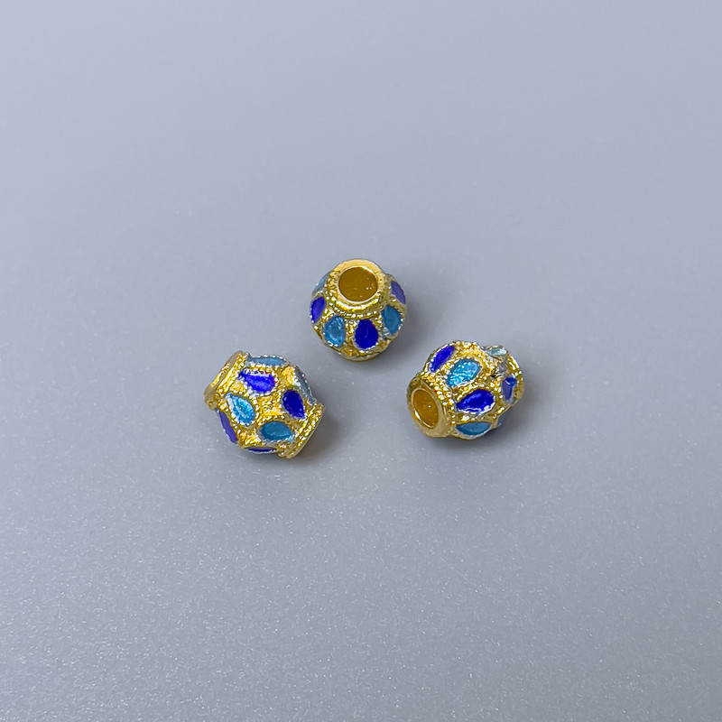 Cloisonné bead with blue and light-blue enamel, diameter 6x7 mm, hole diameter 2-3 mm, gold-colored metal, 1 pc