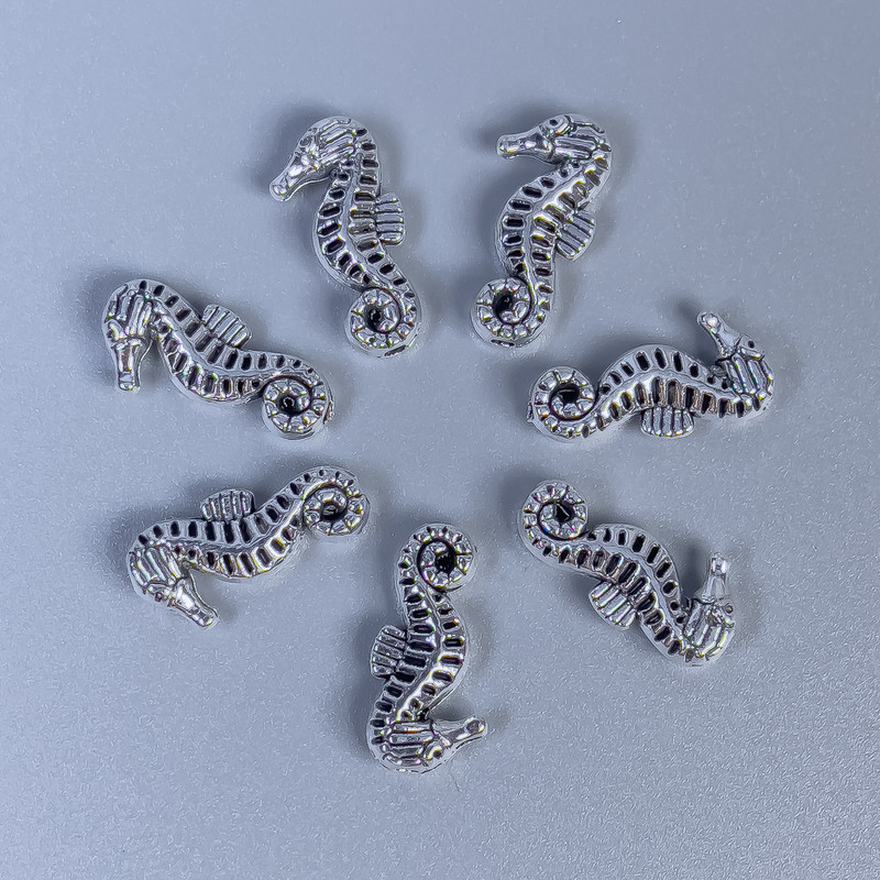 Bead-insert Seahorse Bead, silver metal color, diameter 15x7x3 mm ± hole diameter 1 mm ± packaging 11 pcs