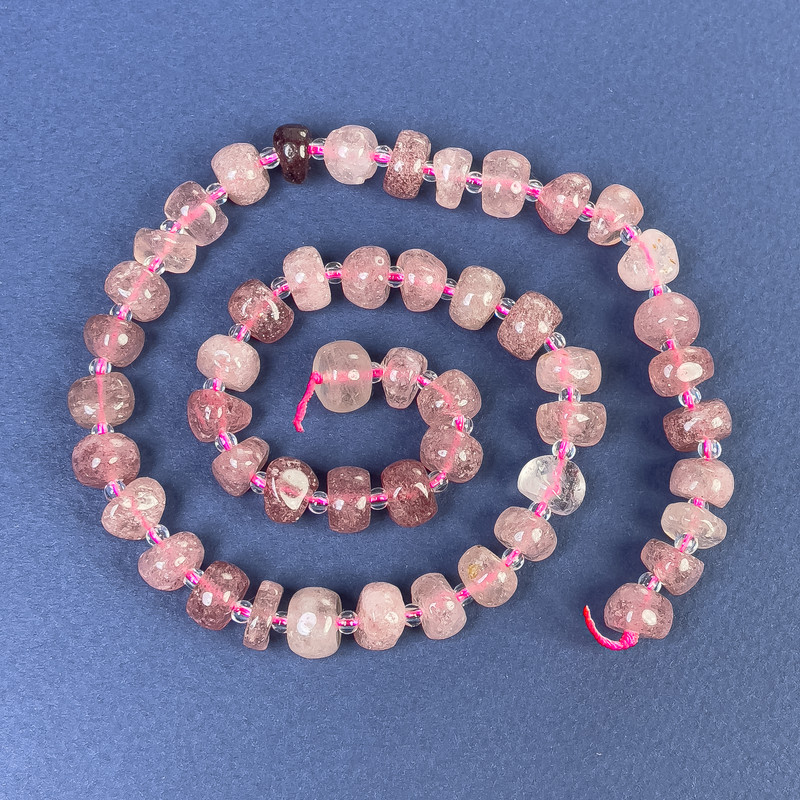 Strawberry Quartz Beads, Faceted 9x6 mm, with 3 mm Seed Beads, on Thread, 40 cm Long