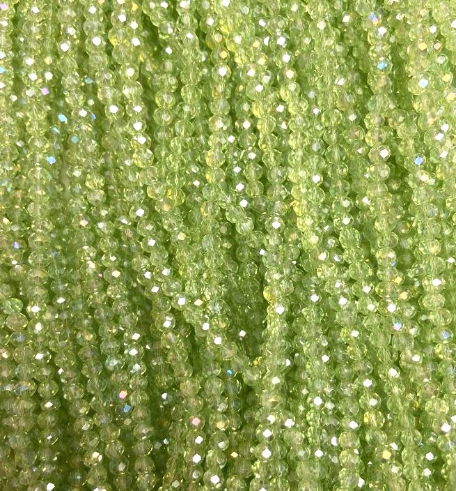 Beads of Czech Crystal Lime with Petrol Iridescence, Faceted Rondelle, diameter 3x3mm+-, length 32cm+