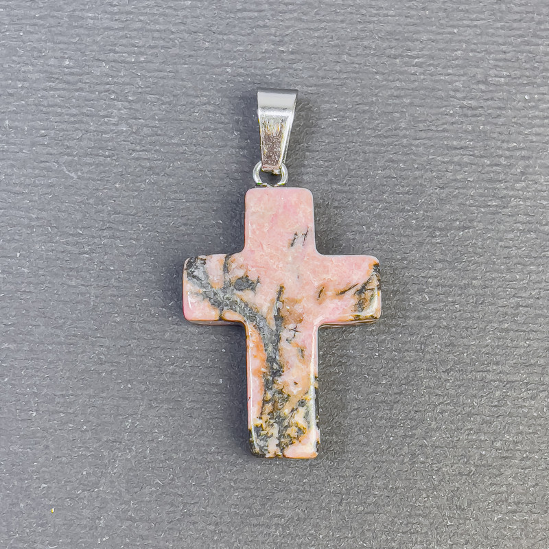 Rhodonite Cross Pendant Natural Stone 25x18x36mm+