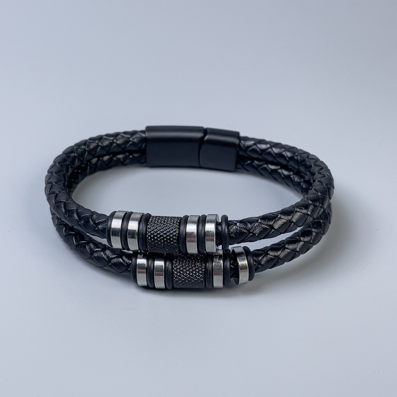 Double-layer men's bracelet in black eco-leather, 10-20mm thickness ± with metal inserts, length 22cm ±, black metal clasp