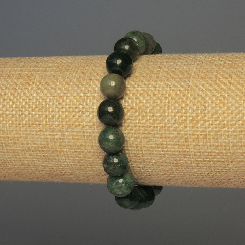 Bracelet with Green Jasper, smooth round beads, 10 mm diameter, 18 cm length, stretch