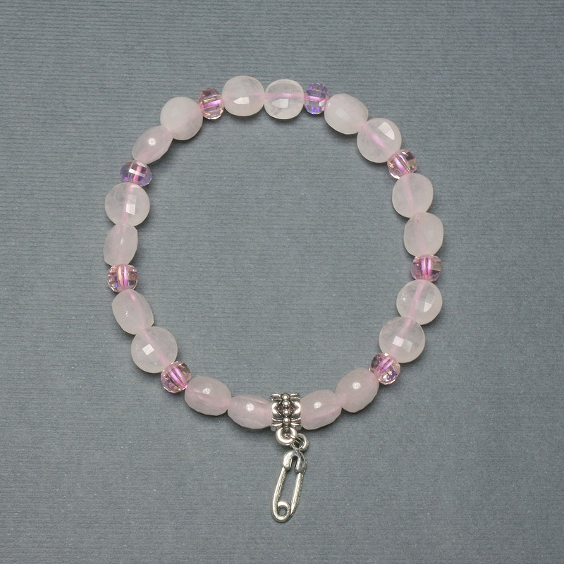 Bracelet with Rose Quartz Coin Beads 8mm, 5mm Thick; Czech Crystal Rondelles 5x4mm, 5mm; Length 18cm, Stretch