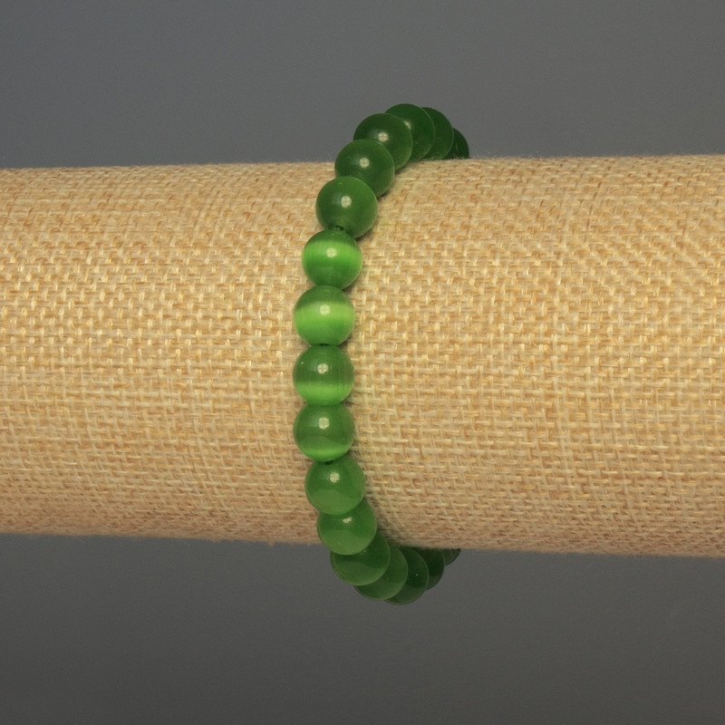 Green Cat's Eye Bracelet with Smooth Beads, 8 mm Diameter, 18 mm Length, Stretch