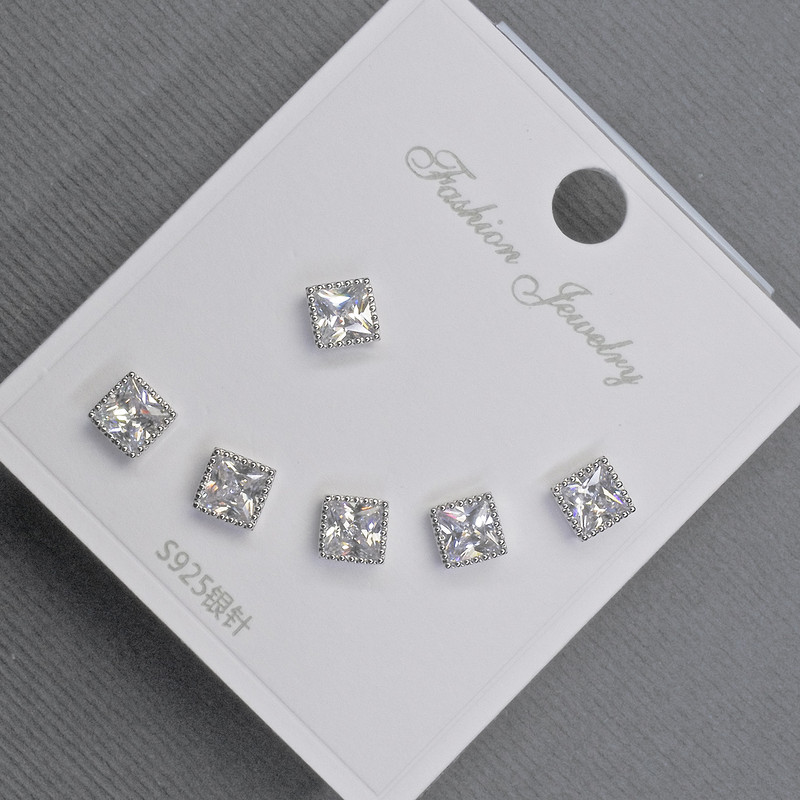 5mm+ Silver-Tone Metal Stud Earrings with White Crystals