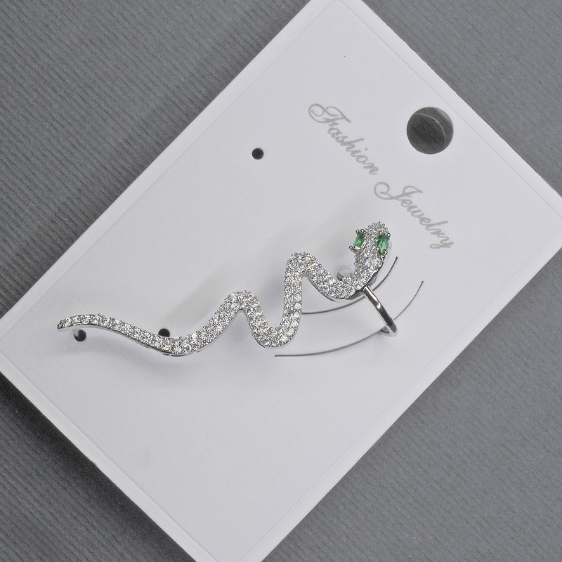 Clip-on earring for the ear, silver-tone metal, length 41 mm, white and green rhinestones